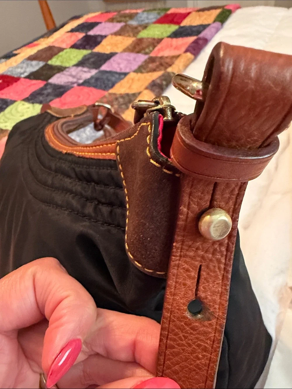 Dooney & Bourke large Erika black nylon quilted shoulder bag with tan leather